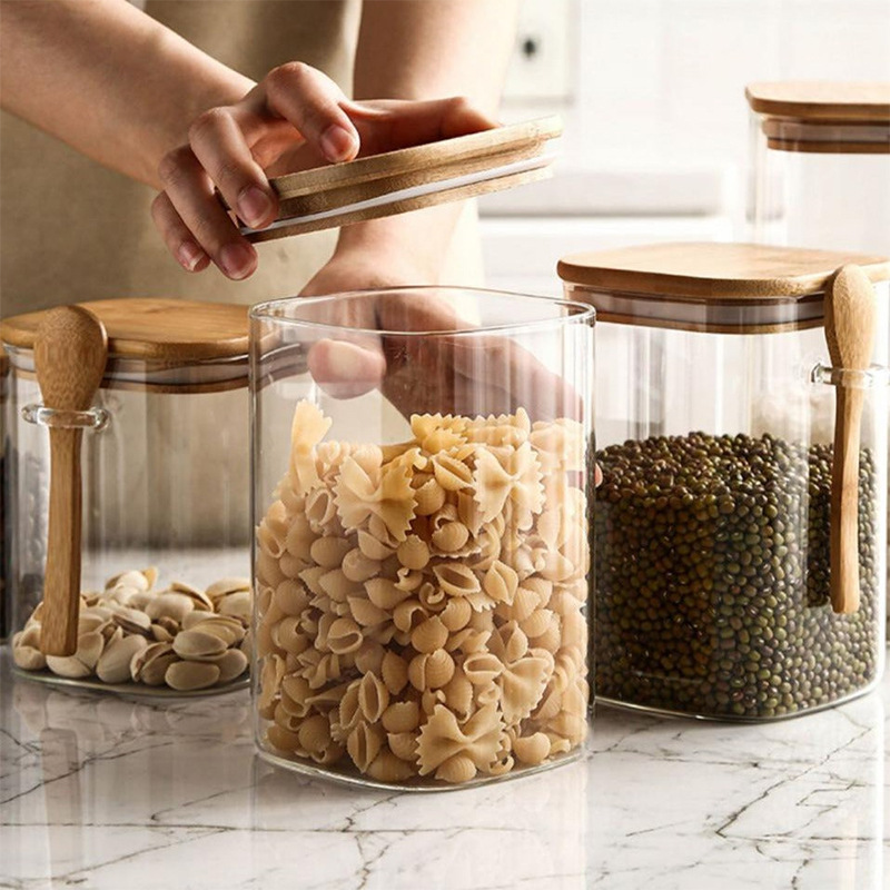 Square transparent glass jar with spoon bamboo lid food sealed storage jar moisture-proof kitchen storage sealed jar wholesale