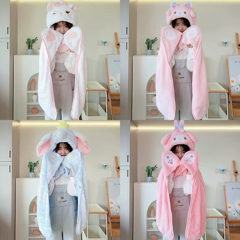 Симпатичная девушка Сердце Мэри Кот Мелоди Коралловый плюшевый одеяло с капюшоном Толстый плащ Ленивый дом Шаль