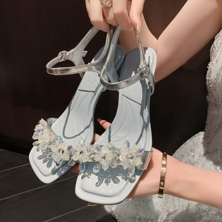 Sandal cao gót nữ mũi nhọn đính cườm da bò, gót nhọn 9 cm — Màu đen, Màu xanh lam chi tiết 16