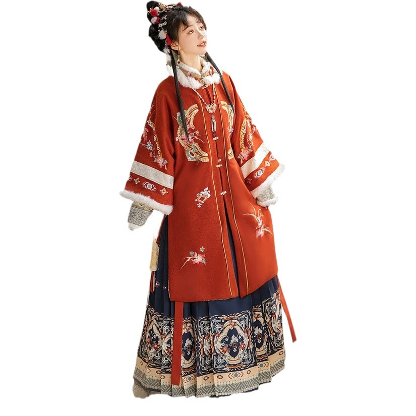 Ханьфу древний костюм женская одежда зимняя флисовая подкладка круглый вырез с разрезом жилет платье для взрослых Новогодняя одежда пальто с вышивкой Мин