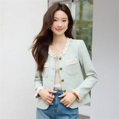 女新款简约2025气质短款小外套现货小香风秋季长袖米白色浅蓝色薄