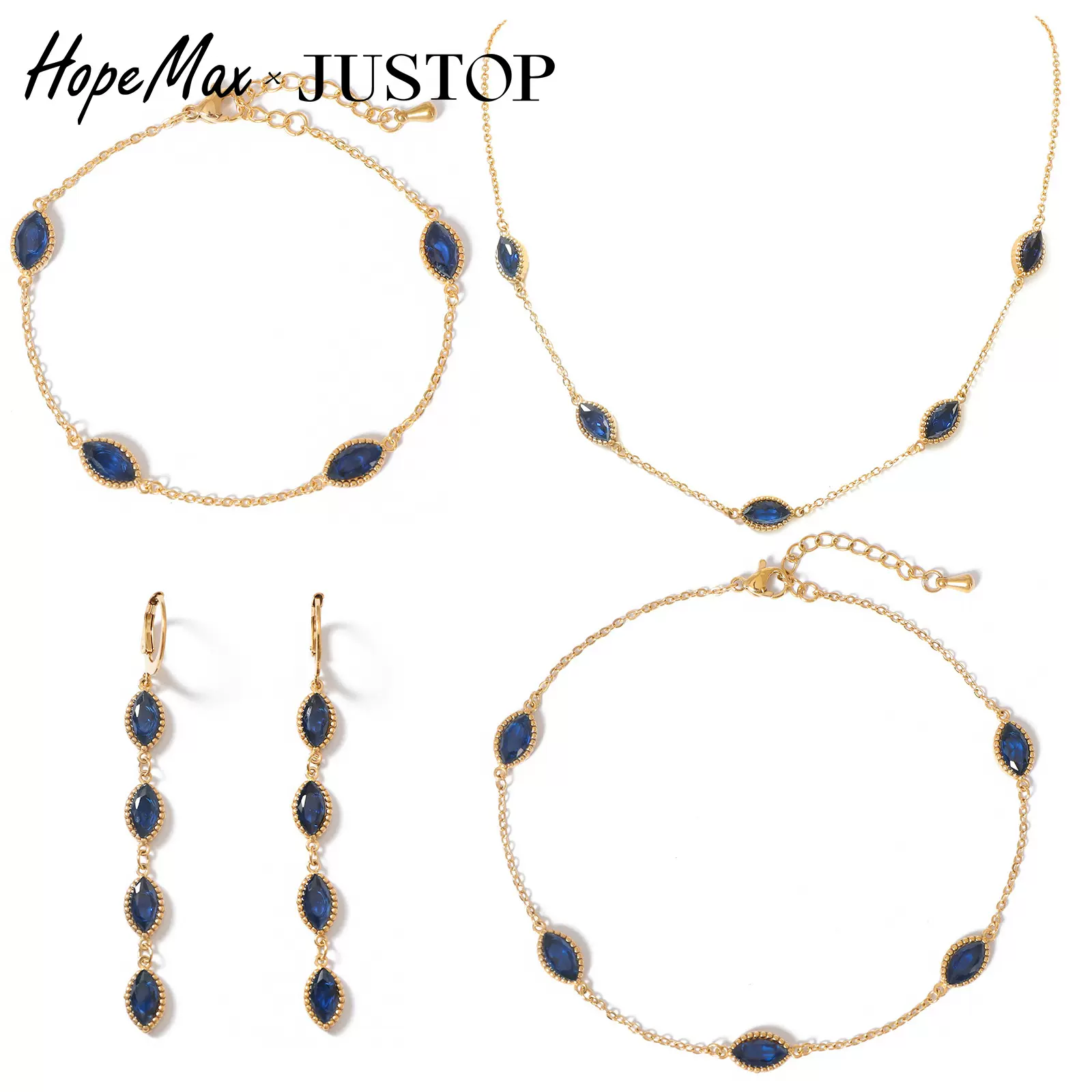 JUSTOP 欧美复古菱形镶嵌锆石流苏耳扣蓝色镶钻项链简约手链套装