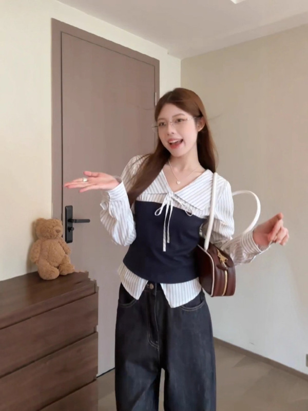 韩系条纹撞色系带翻领衬衫女秋季小众设计感别致修身显瘦长袖上衣|undefined
