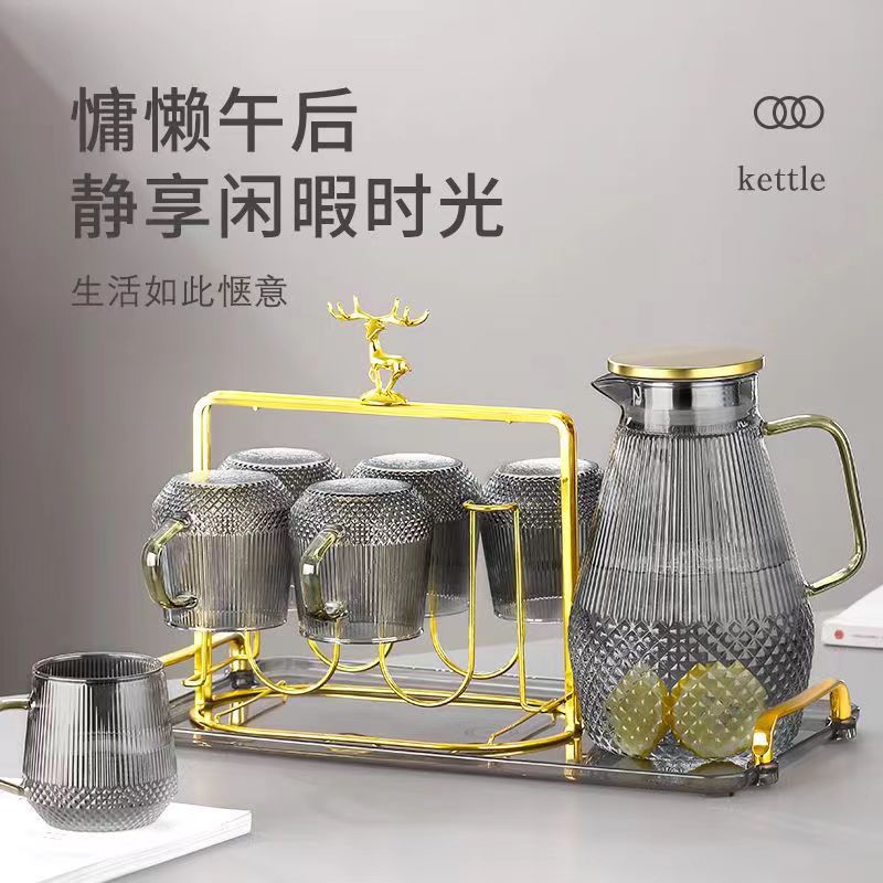 High-temperature resistant, large-capacity household cold water kettle, thickened high-borosilicate glass kettle and cup set, for boiled water or cold water.