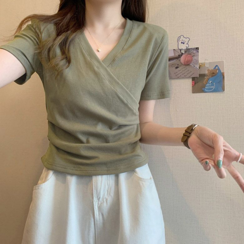 Vネックショルダー半袖Tシャツレディースコットン夏新作ニッチ気質スリムフィットショート甘辛クロストップ|undefined
