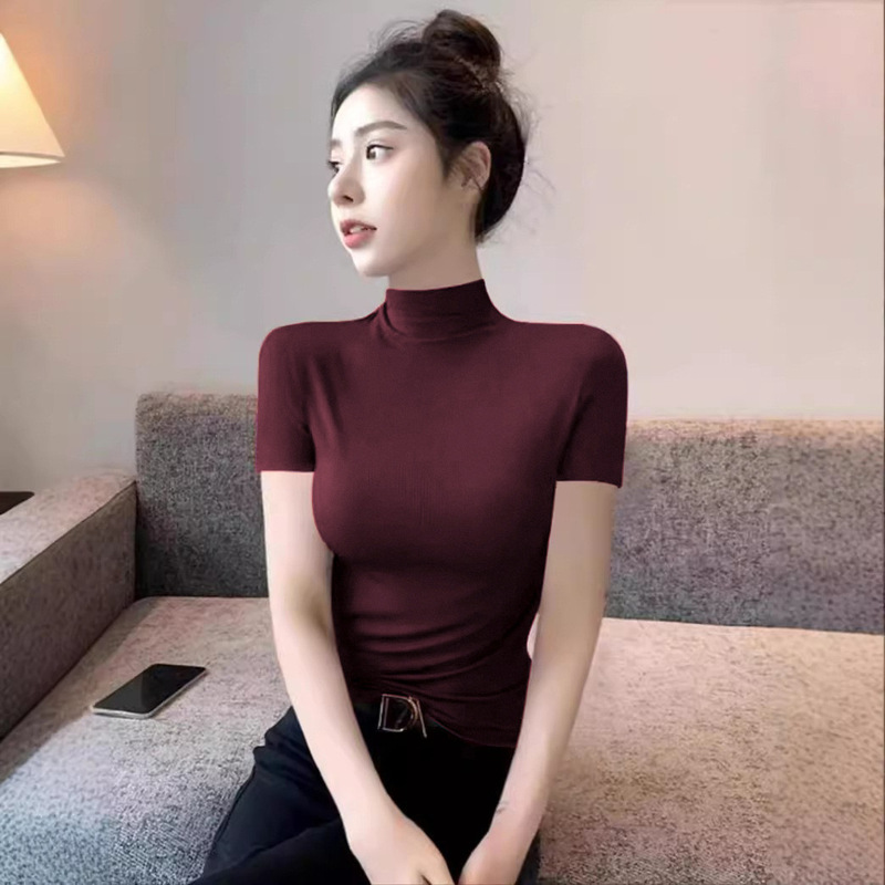 New Arrival Angkola Red Half-high Neck Short-sleeved T-shirt Base Shirt Women's Inner Wear Summer Spring and Autumn New Arrival Western Style 2024 Top New Arrival Angkola Red Half-high Neck Short-sleeved T-shirt Base Shirt Women's Inner Wear Summer Spring and Autumn New Arrival Western Style 2024 Top