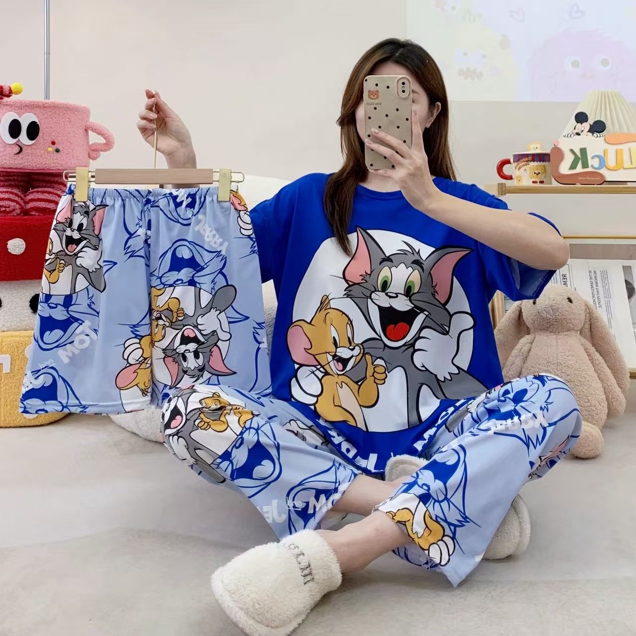 Pijamas de verano transfronterizos pijamas de leche de seda de tres piezas set de dibujos animados comercio exterior ropa para el hogar pantalones de mangas cortas lindos