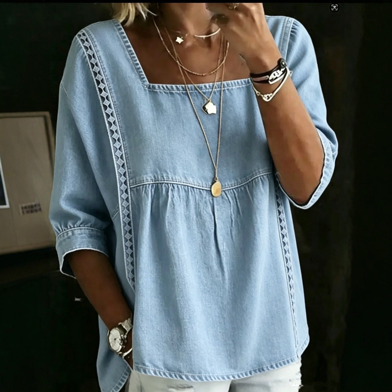 2026 Amazon Temu Aliexpress Cross-Border New Denim Lace Patchwork Shirt Europe and America 2026 Amazon Temu Aliexpress Cross-Border New Denim Lace Patchwork Shirt Europe and America