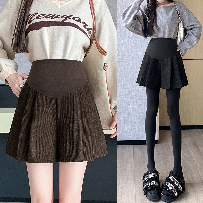 Maternity Pants 2026 Autumn and Winter New Thickened Corduroy Slimming Pleated Shorts Versatile A-Line Maternity Skirt Pants