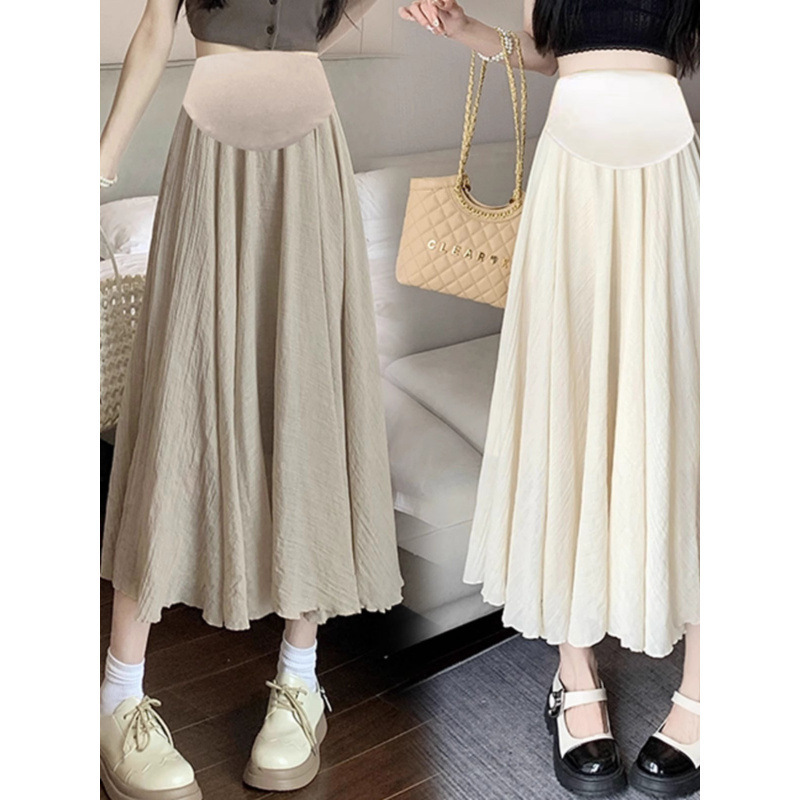 Maternity Skirt Summer Thin Mid-Length Ice Silk Cotton and Linen A-Line Belly Umbrella Skirt Summer High-Waisted Fairy Skirt