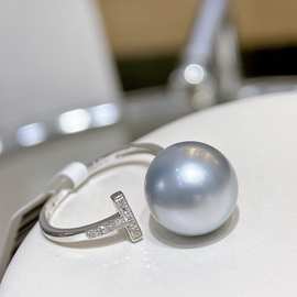 10-11海水珍珠戒指正圆几乎无暇高级铂金灰色18K金配钻戒指配饰