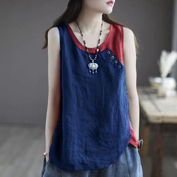 Summer Cotton and Linen Camisole Women's Thin Asymmetrical Top Button Decoration Loose Splicing Suspender t