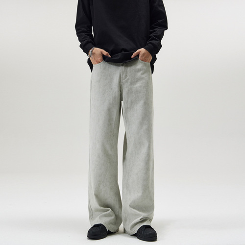 JIAMU autumn and winter marble dark pattern dirtyfit straight loose A-line slightly flared casual pants for men trendy and lazy style