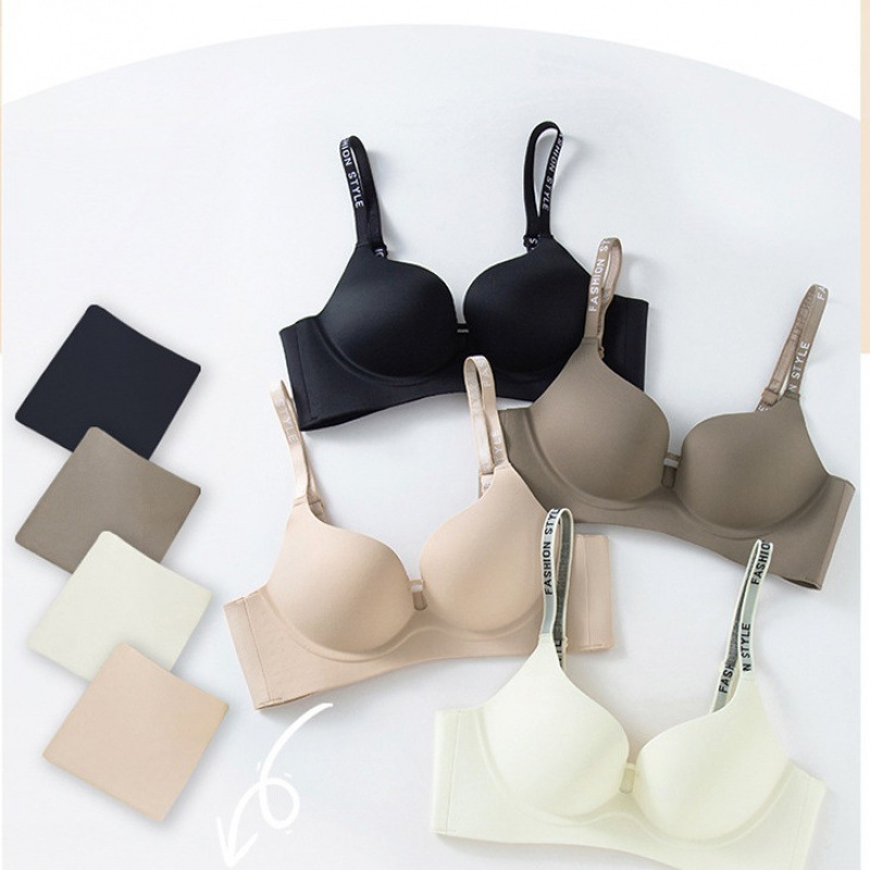 1030 Jelly Glue Seamless Underwear Women's Small Breast Gathering and Plaid Secondary Breast Anti-Sagging Bra Spring and Summer Thin