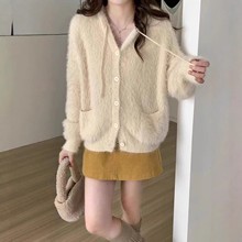 韩系仿水貂绒连帽开衫女秋冬新款纯色软糯慵懒风厚款针织毛衣外套