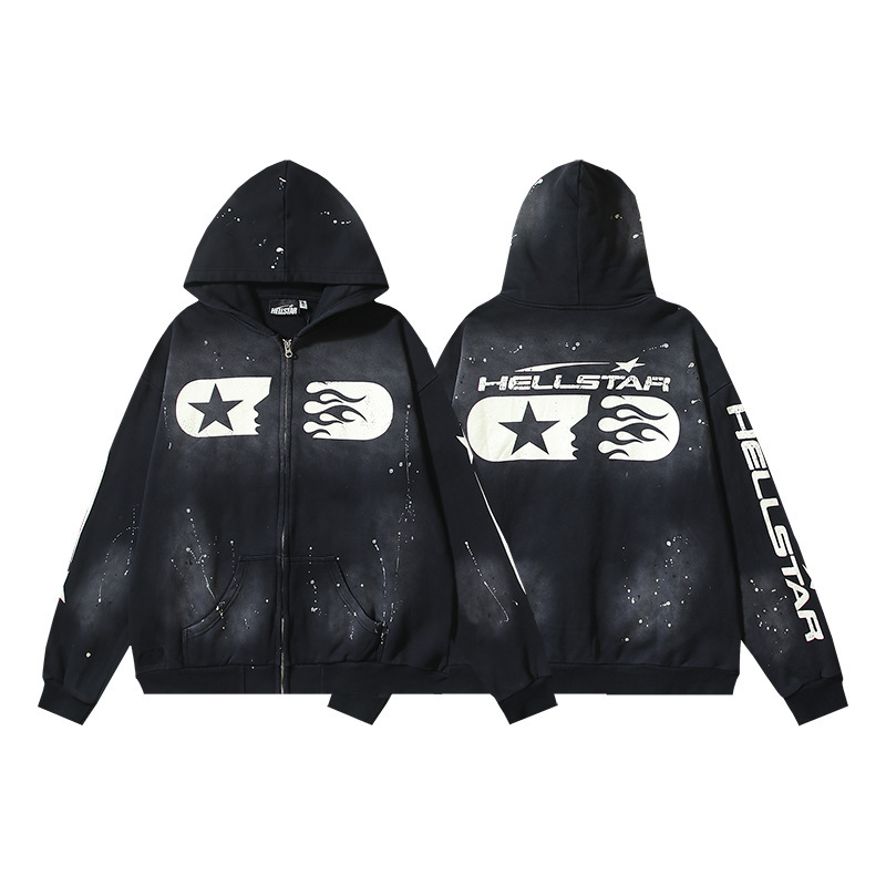 Hellstar ヨーロッパとアメリカのトレンディなブランド、ハイストリート、レトロ、ウォッシュド、ダメージ加工、プリント、ストリート、ルーズフィットのパーカー、男性用と女性用のスウェットシャツ|undefined