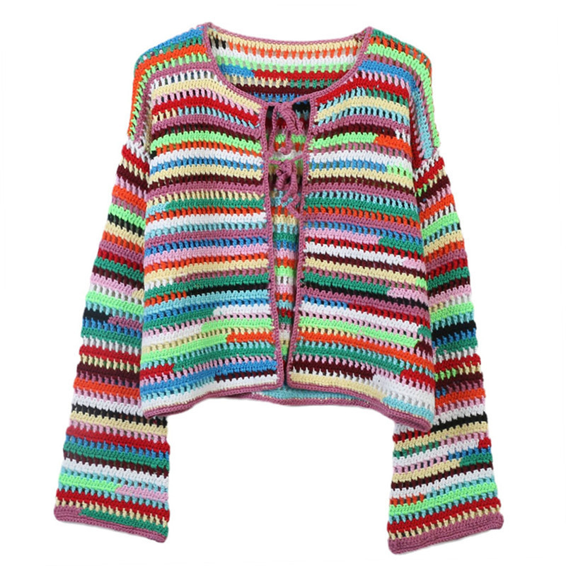 Rainbow Striped Hand-knitted Sweater Women's Crewneck Long-sleeved Loose Hollow-out Casual Spring and Autumn Knitted Cardigan