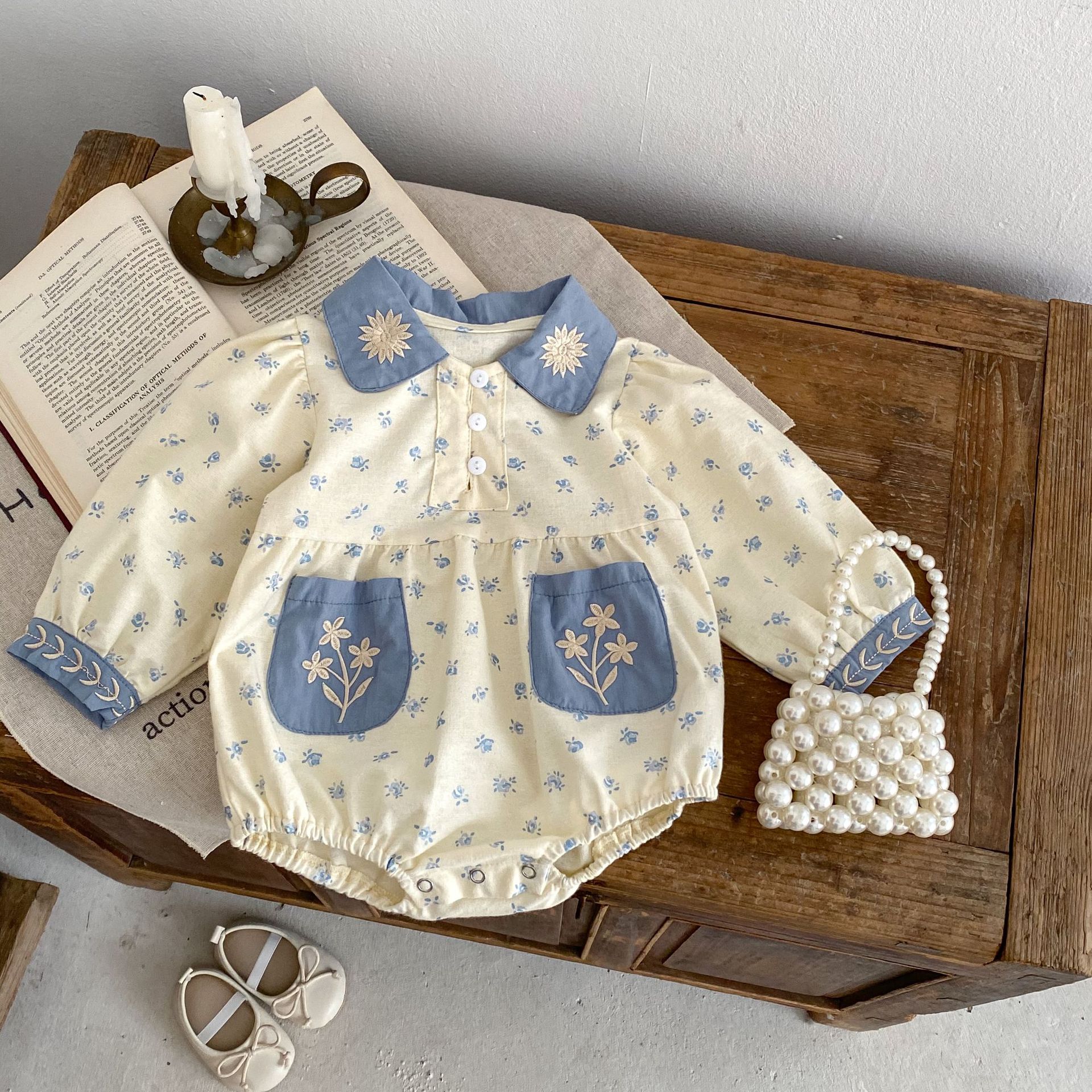 INS 2024 Autumn Infant and Girl Baby Floral Contrast Collar Embroidered Long Sleeves Yi Ha Skirt Bag Butt jumpsuit_voghion.com