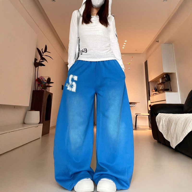 蓝色渐变阔腿抽绳卫裤女春秋季新款多巴胺垂感拖地休闲运动长裤女|undefined