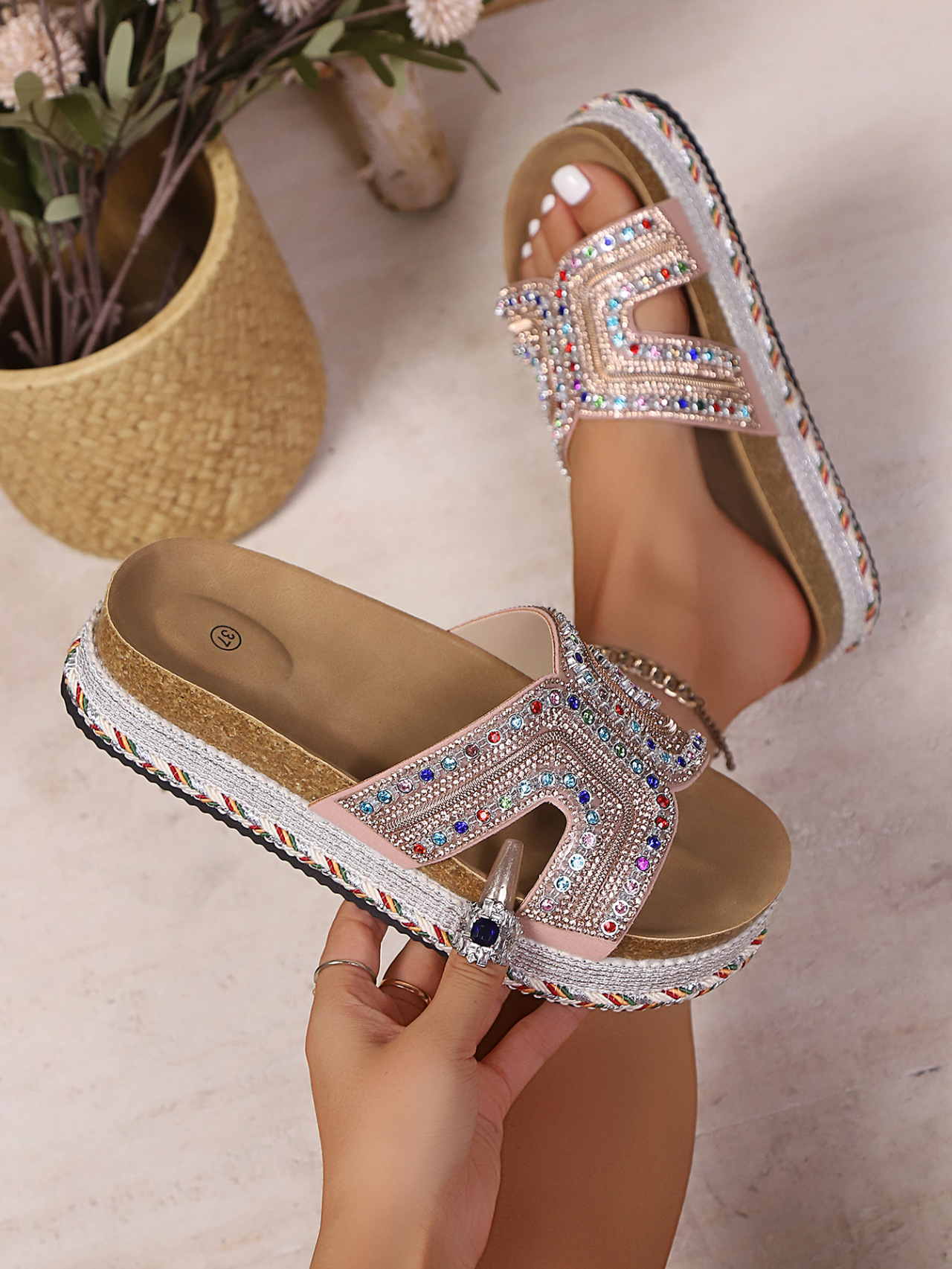 Women's Rhinestone Platform Slippers Summer Style With Cork Buckle_voghion.com
