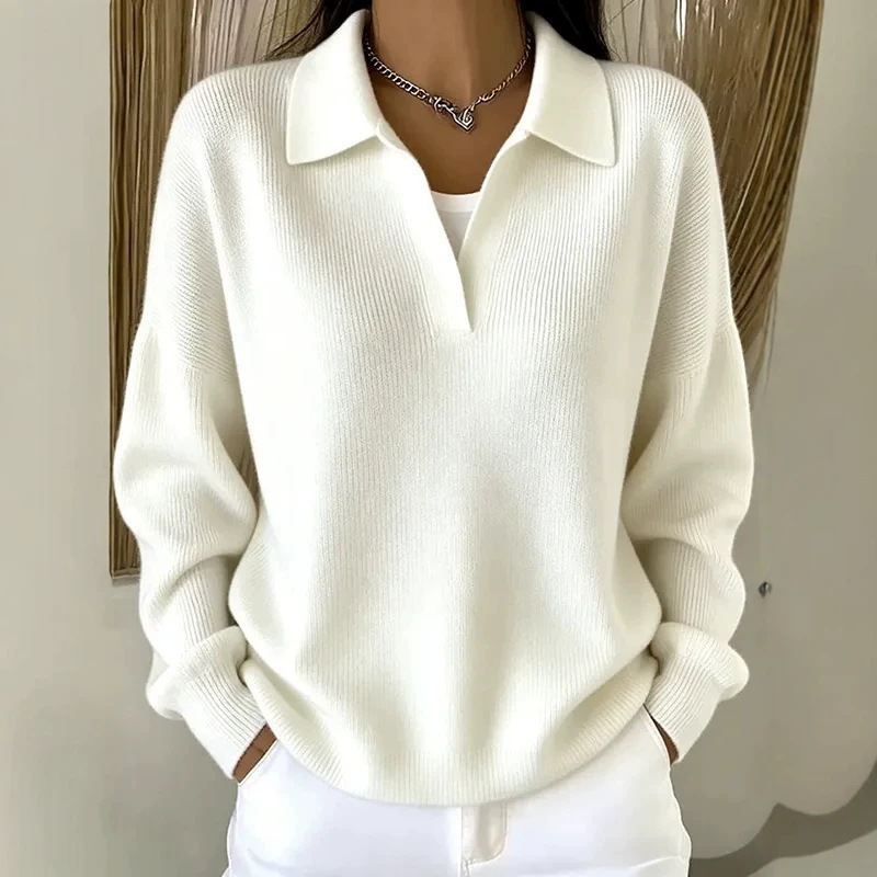 In-stock sweater 2026 cross-border European and American Amazon turn-down collar ribbed polo knitwear for spring and autumn, loose fit, slimming, casual