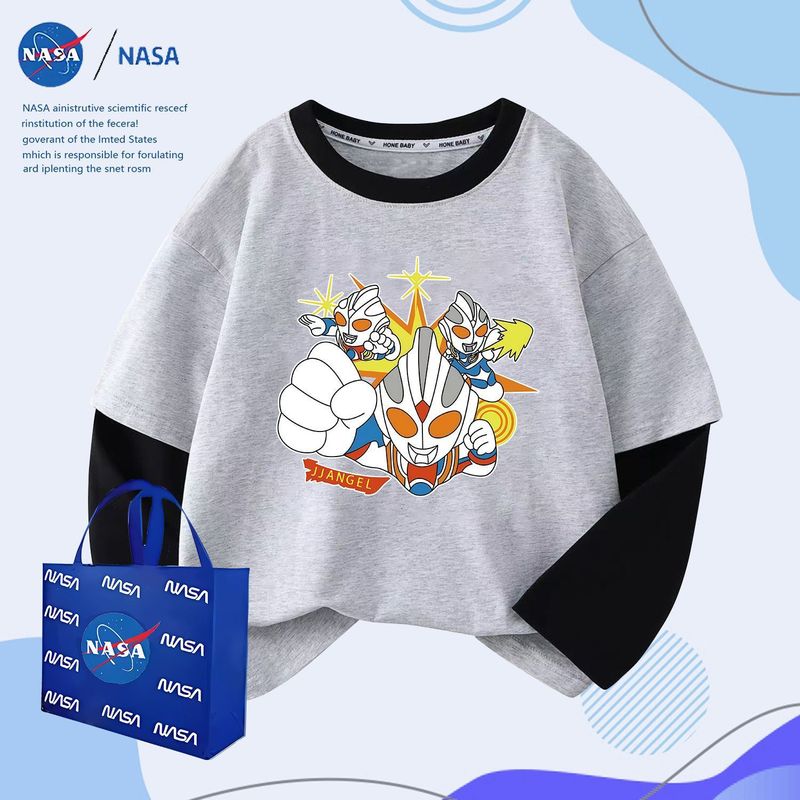 NASA春秋洋气奥特曼中大童保暖上衣T恤休闲纯棉儿童假两件长袖|undefined