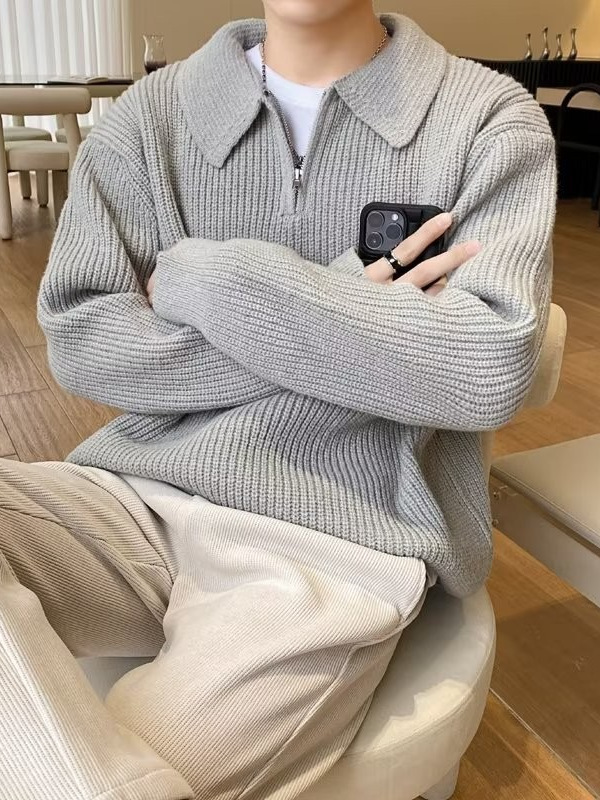 Corea chic otoño e invierno retro estilo perezoso cuello POLO hilo suelto casual suéter de punto de manga larga para hombre