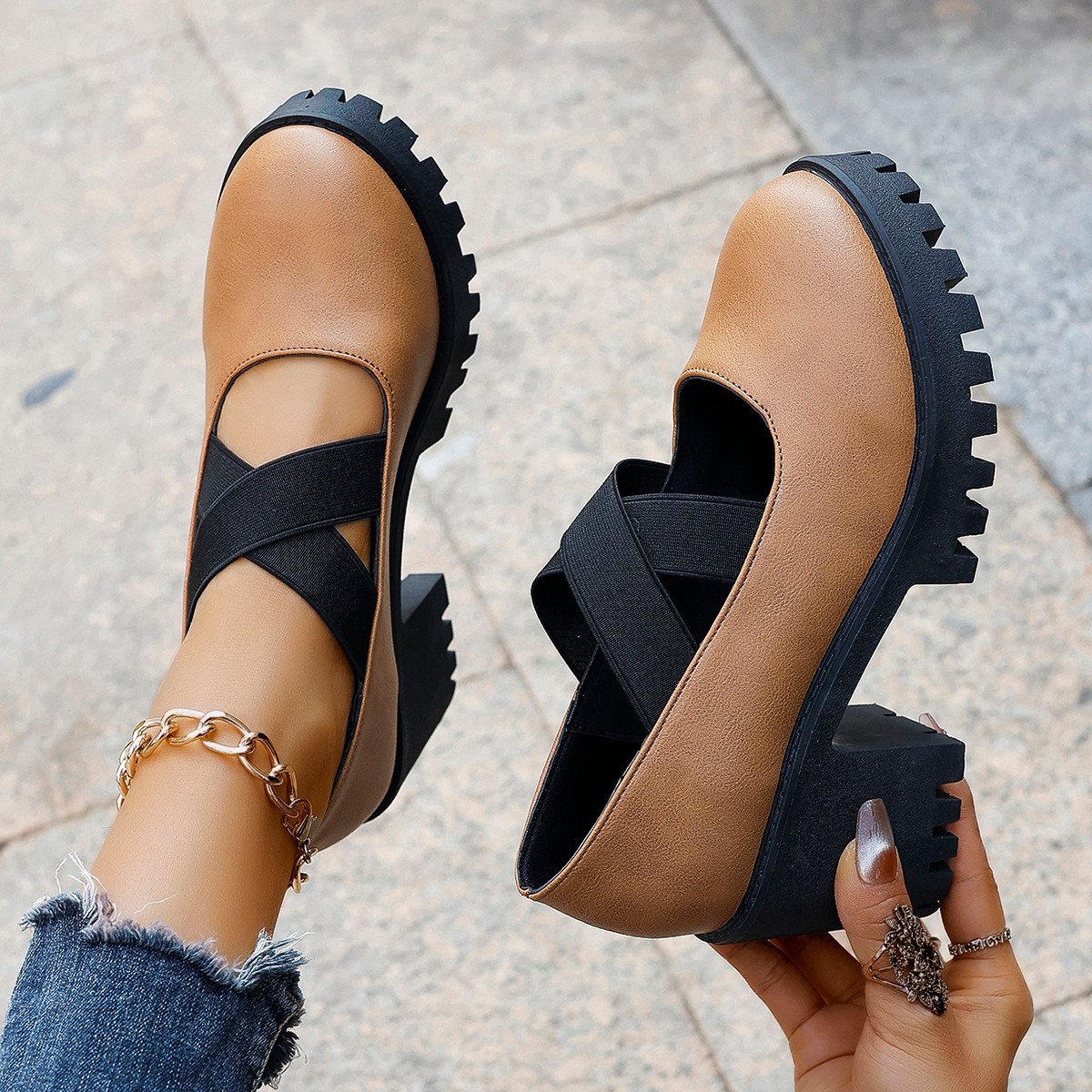 Professional Women's Crisscross Elastic High Heeled Shoes plus Size Chunky Heel Autumn New Style Dress Shoes_voghion.com