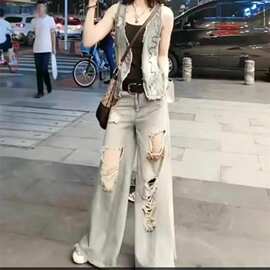 欧洲站夏季新款超火时尚个性百搭做旧破洞阔腿牛仔裤女两件套女