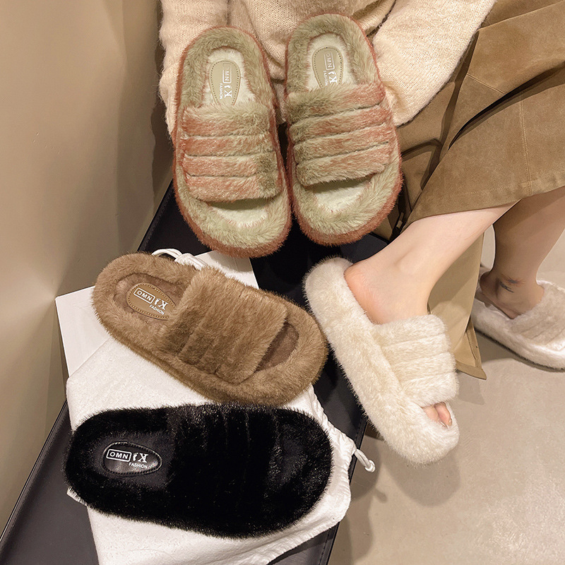 外贸跨境大码毛毛拖鞋女2025秋冬新款松糕厚底露趾网红一字棉拖鞋