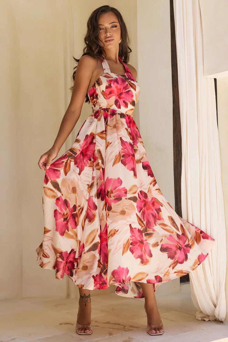 Fashionable Halter Neck Tie Waist Backless Dress Large Floral Print Long Skirt Women's Elegant New Style_ecoleips.com