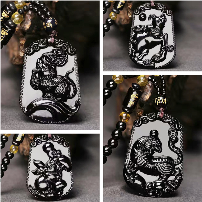Imitation Obsidian Autumn and Winter Necklace Jewelry Twelve Zodiac Signs Year of the Dragon Men's Good Luck Pendant Couple Accessories Accessories