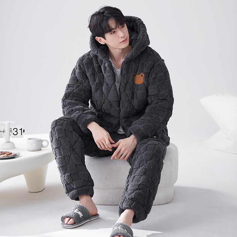 Pijamas de hombre invierno coral polar engrosado forrado de lana de tres capas de algodón acolchado chaqueta otoño e invierno cálido invierno ropa de casa súper gruesa