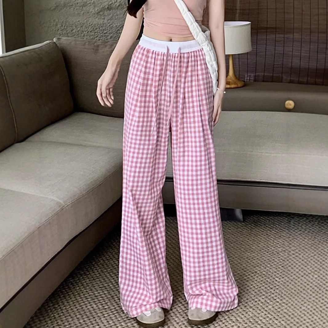 Pantalones a cuadros perezosos de dopamina de color en contraste para mujer, estilo fino de verano, cintura alta, cordón suelto, pantalones anchos de caída rosa casuales