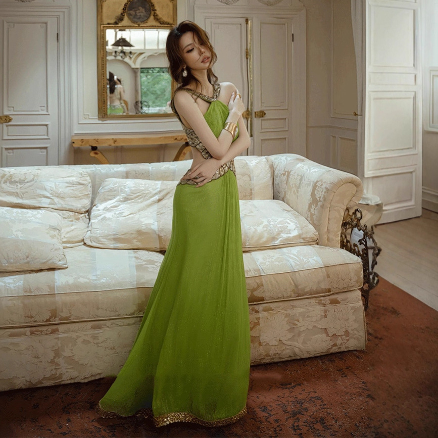 Halter Neck Fashion Evening Dress for Women, New High-End Rich Girl Style Dress, Green Mesh High-End Banquet Backless Dress