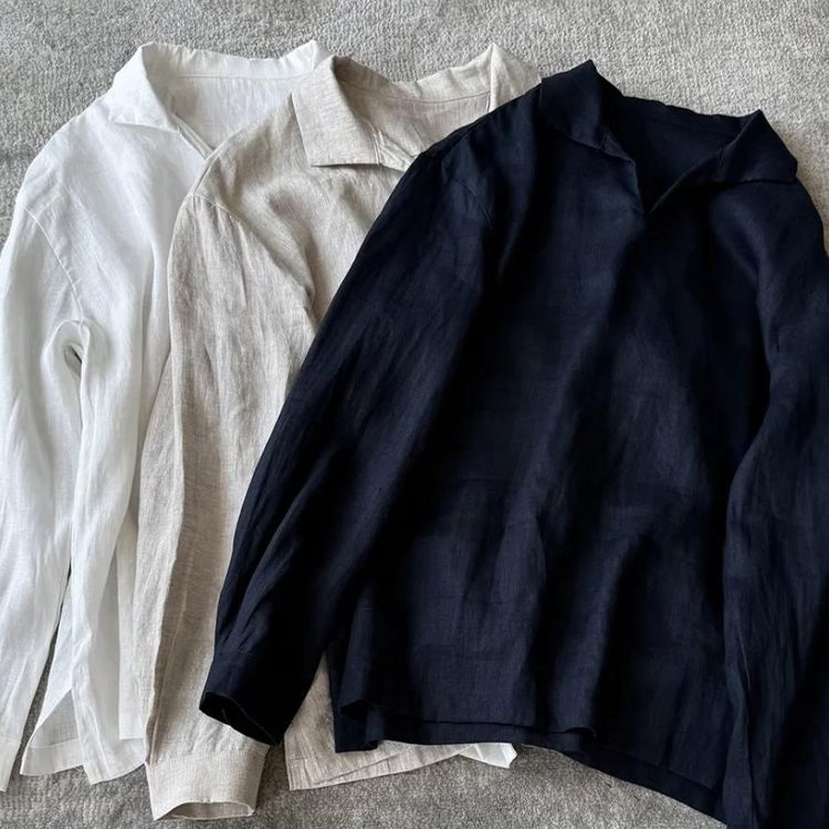 Pure White Tencel Linen Long-Sleeved Shirt for Men in Summer, Lazy Style and Relaxed Style, Loose V-Neck Sun Protection Shirt