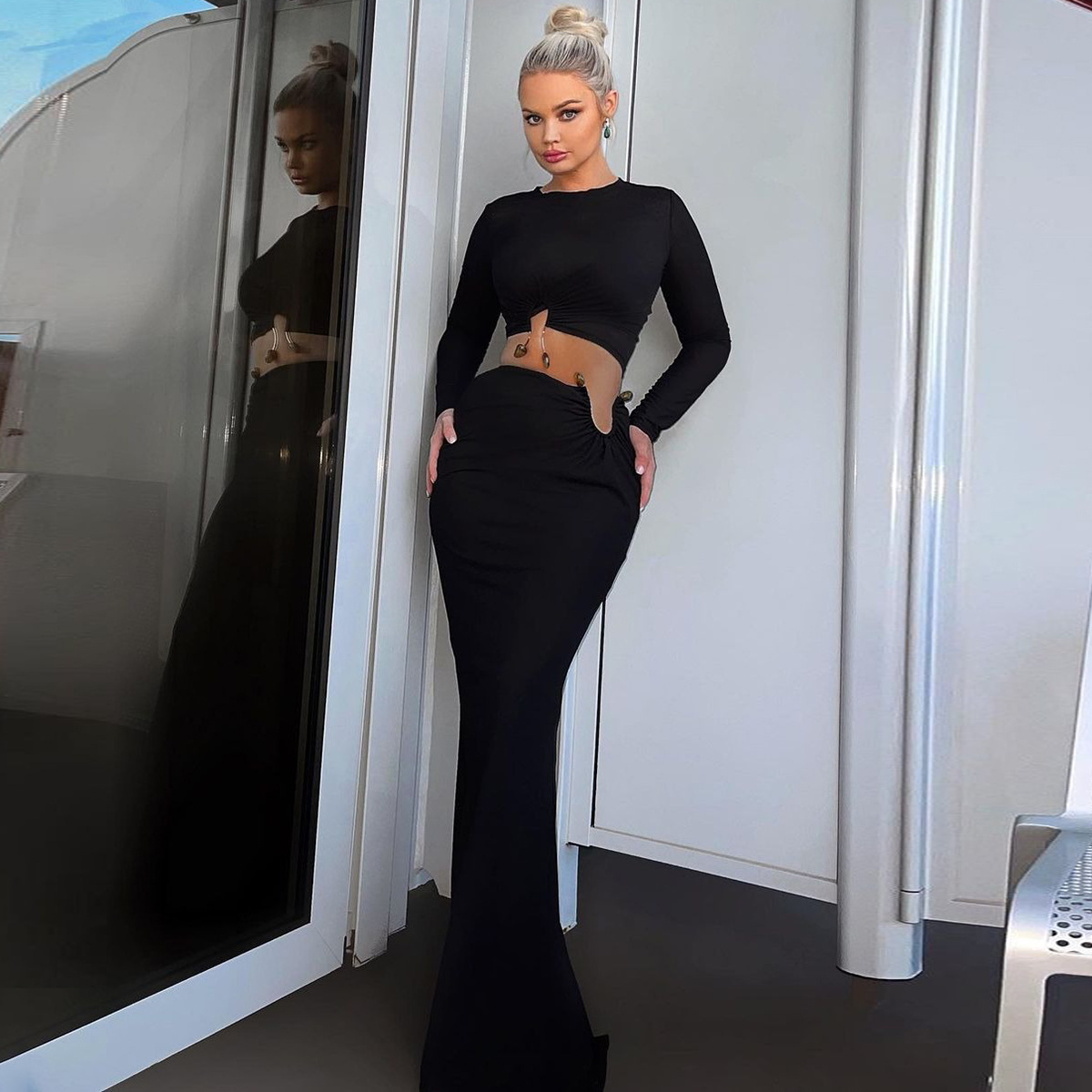 2024 Autumn Winter European And American Hot-Selling Women's Fashion New Fashionable Crop Top Long Sleeve Slim Fit Skirt_ecoleips.com