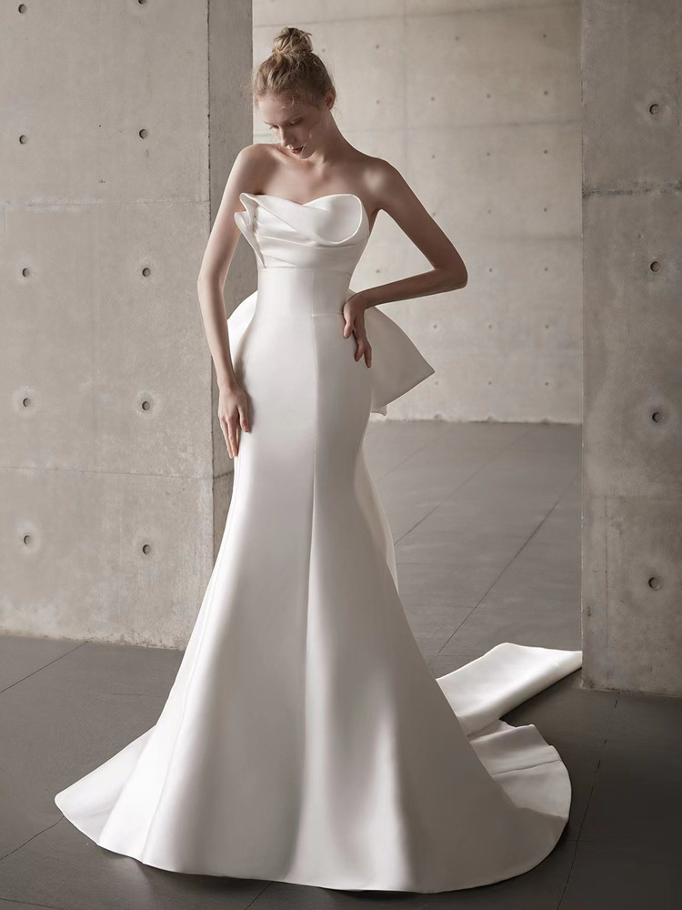 Amazon AliExpress vestido de boda de satén alto estilo francés blanco delgado pecho cola simple mariposa de boda image 7