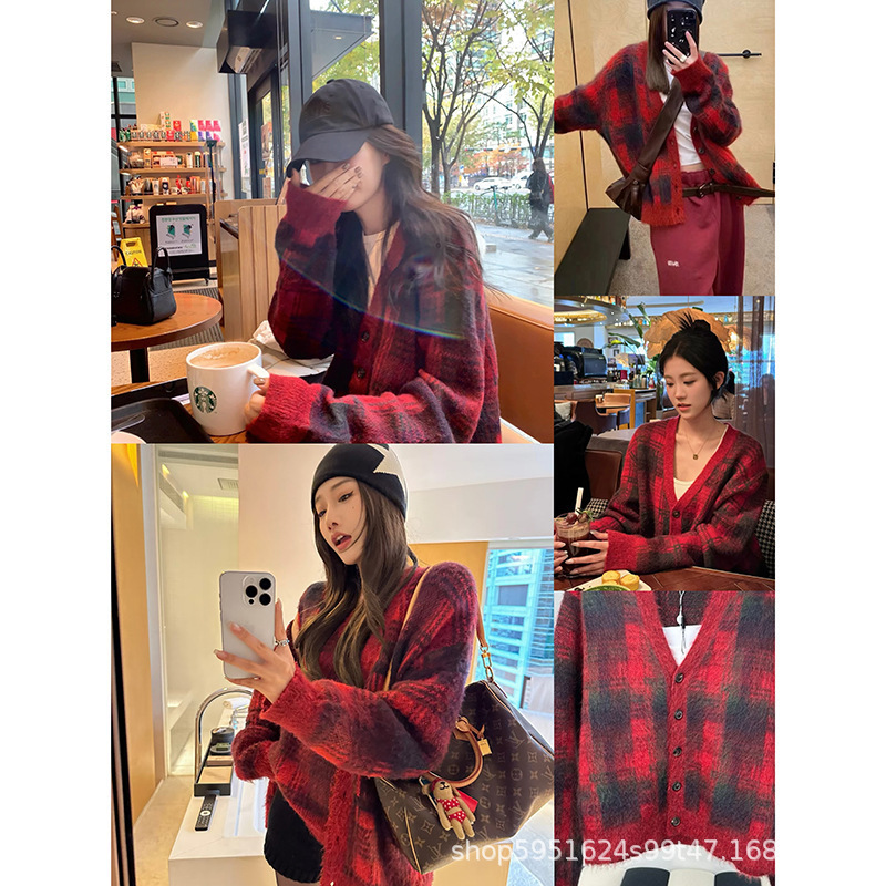Christmas and New Year Red Retro Plaid Super Nice-Looking Sweater Jacket for Women Autumn and Winter New Loose Knitted Cardigan Top