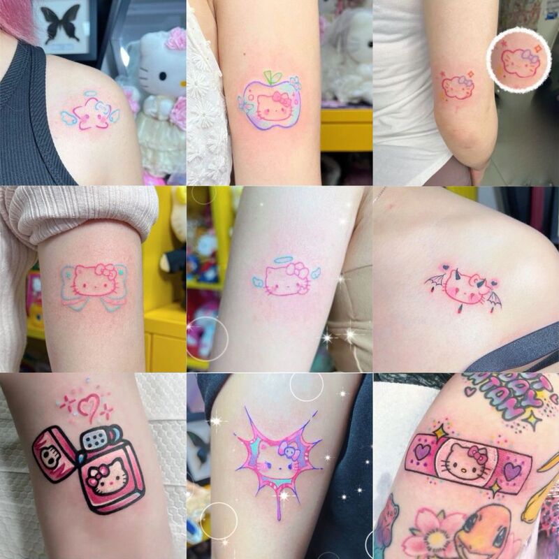 Bow-Tie Hello Kitty Cute Colorful Line Crayon Tattoo Stickers Realistic Waterproof Little Fairy