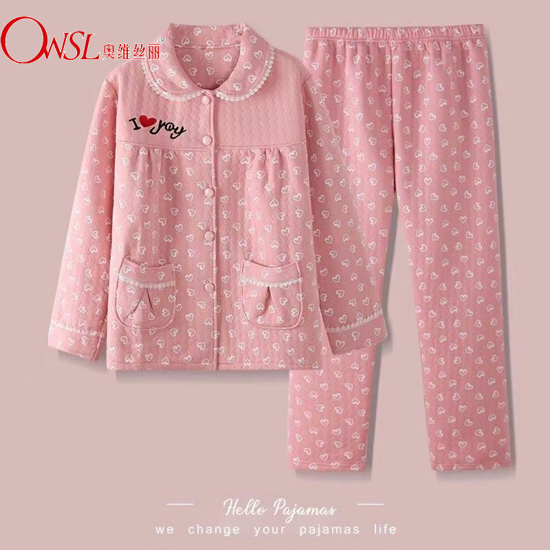 100% pijamas de algodón para mujer Otoño e Invierno engrosado dulce simple estilo ins traje acolchado de tres capas para el hogar