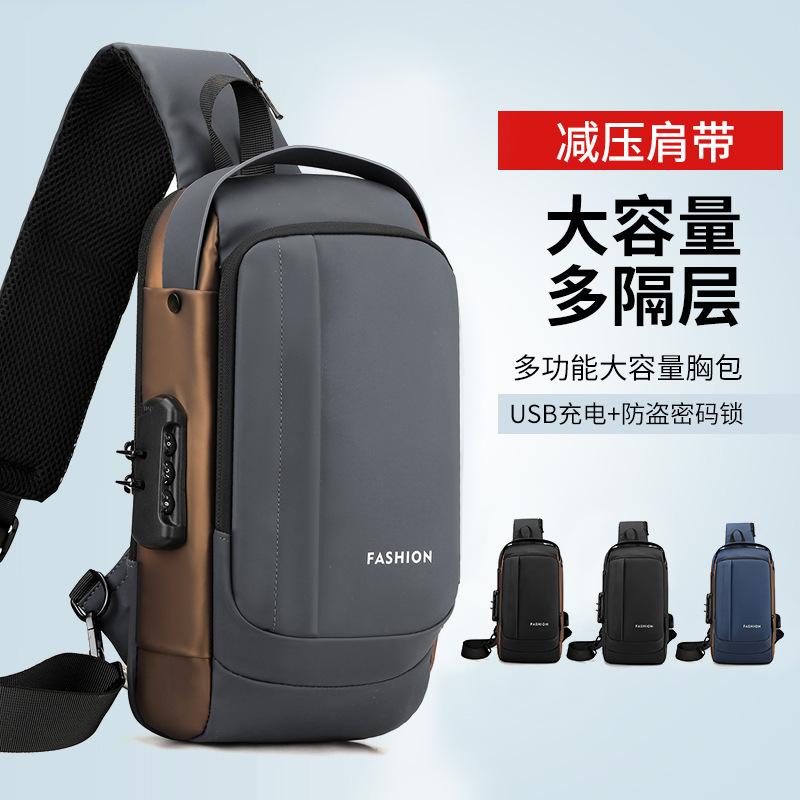 Bolso de pecho para hombre, bolso cruzado, mochila de gran capacidad, multifuncional, con bloqueo de contraseña, antirrobo, bolso para hombre con carga USB