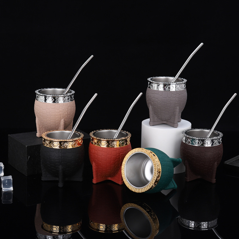 304 Stainless Steel Water Cup Ma Dai Cup Mate Tea Straw Leather Cover Argentina South America Brazil Foreign Trade Insulation Golden Ding