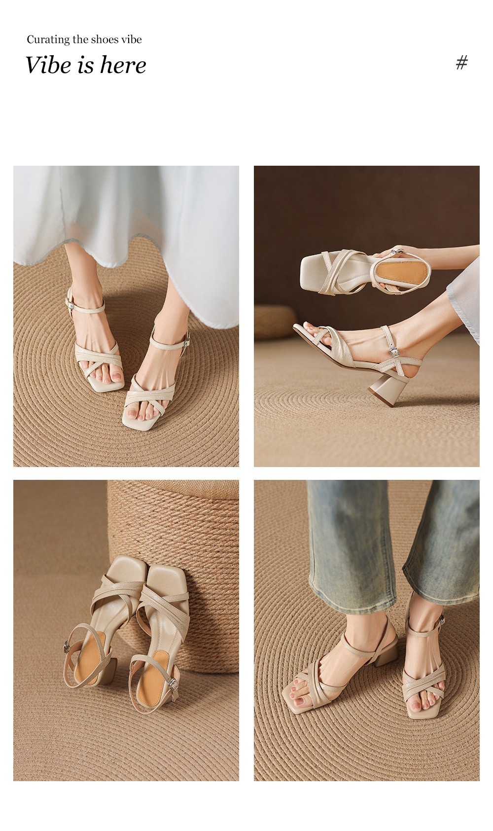 Sandal nữ hở mũi đầu vuông da dê gót thô 5 cm size lớn 40–43 — màu be chi tiết 4