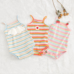 Baby onesie with cute rainbow stripe triangle pants, inspired by HYEYOUNG style, suitable for Korean summer infants and toddlers.