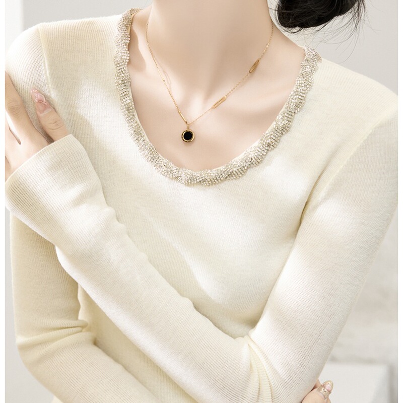 Wool Heavy-Duty Rhinestone Chain Design Pullover Base Shirt Spring U-Neck Long-Sleeve Slim-Fit Knit Top Women's Clothing