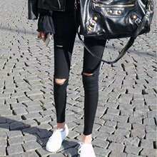 破洞九分裤黑色紧身打底裤女秋外穿薄款小脚裤夏显瘦高腰铅笔裤子