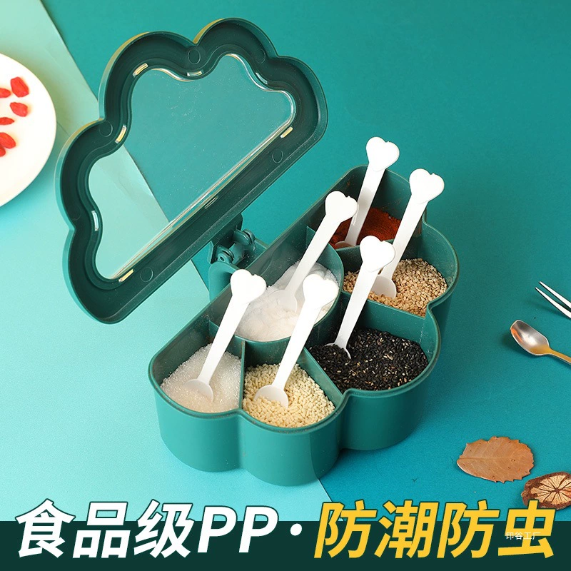 Коробка для приправ с несколькими отделениями, бытовой набор с ложкой, кухонные принадлежности, шестикомpartный встроенный ящик для хранения бутылок для приправ с солью и глутаматом натрия