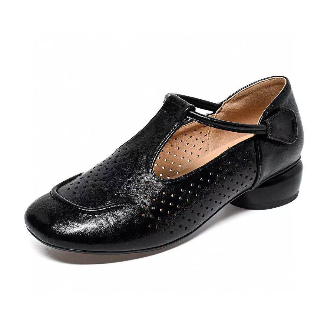 Sandal nữ da thật mũi tròn hở mũi gót thấp 4 cm đế bệt êm chân — màu đen