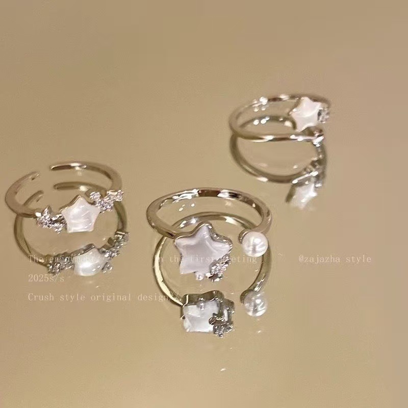 Star Pearl Open Ring Women's 2025 New High-End Index Finger Ring Niche Fashion Personalized Ring Adjustable Star Pearl Open Ring Women's 2025 New High-End Index Finger Ring Niche Fashion Personalized Ring Adjustable